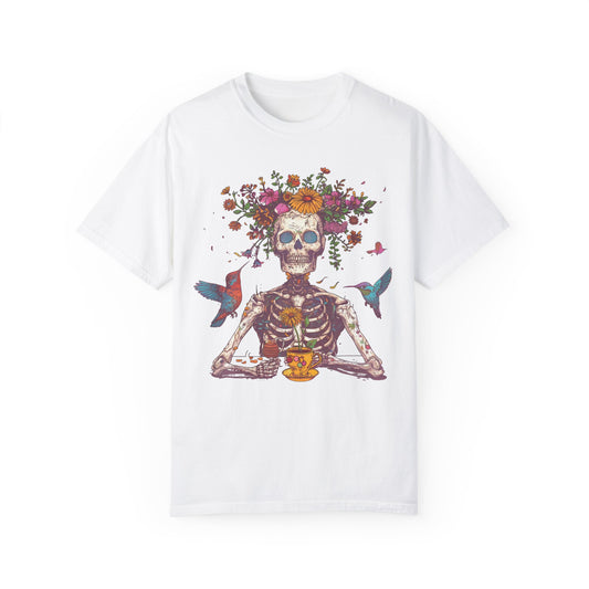 Floral Skeleton T-Shirt, Unisex Day of the Dead Shirt, Bohemian Cozy Tee, Gift for Halloween, Summer Festival Wear