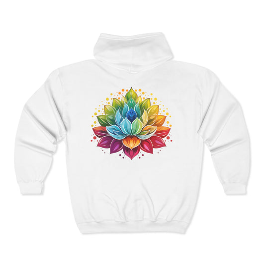 Rainbow Lotus Full Zip Hooded Sweatshirt - Unisex Cozy Wear for Relaxation and Inspiration