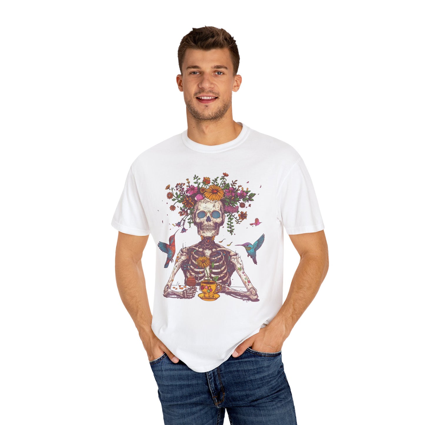 Floral Skeleton T-Shirt, Unisex Day of the Dead Shirt, Bohemian Cozy Tee, Gift for Halloween, Summer Festival Wear