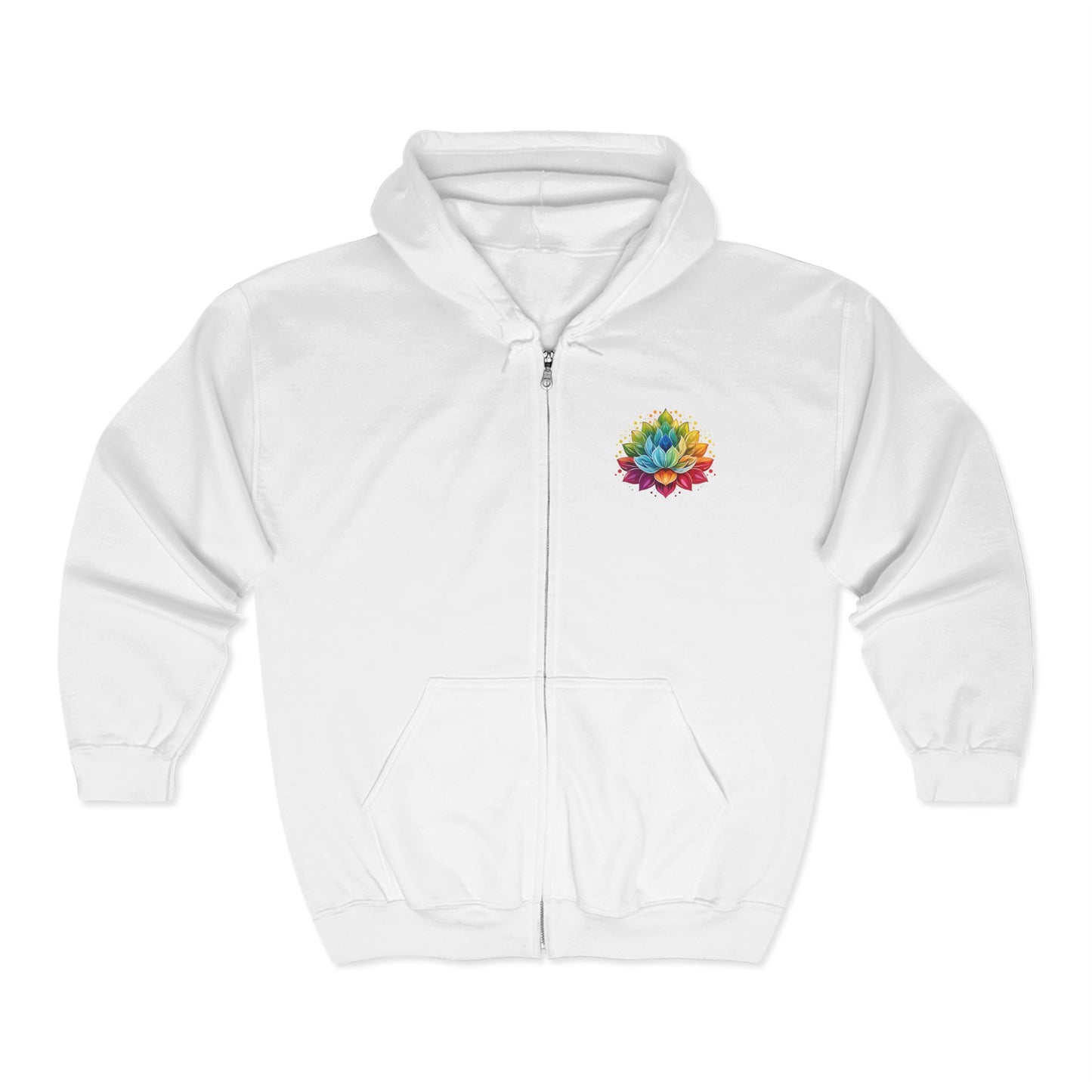 Rainbow Lotus Full Zip Hooded Sweatshirt - Unisex Cozy Wear for Relaxation and Inspiration