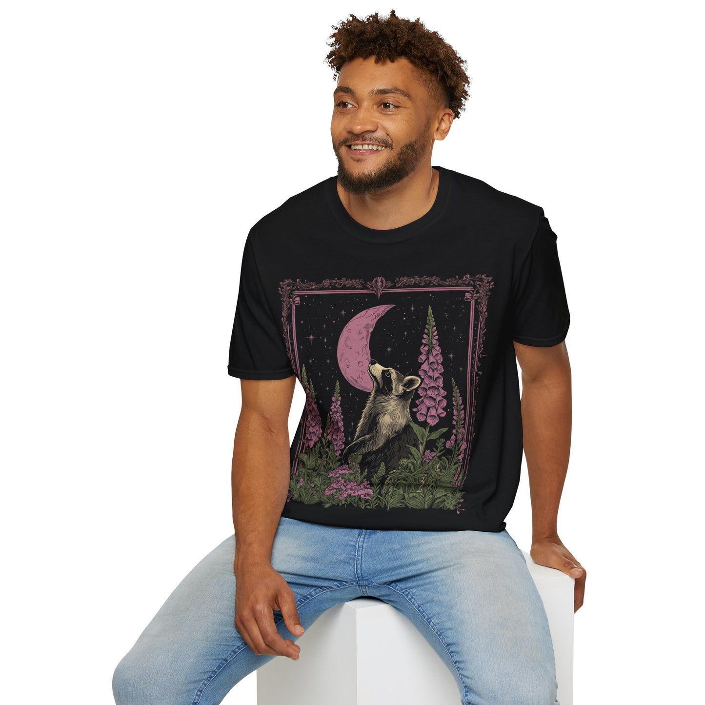 Moonlit Racoon Nature Tee, Unisex Softstyle T-Shirt, Eco-friendly Casual Wear, Perfect Gift for Nature Lovers, Wilderness Vibes Clothing