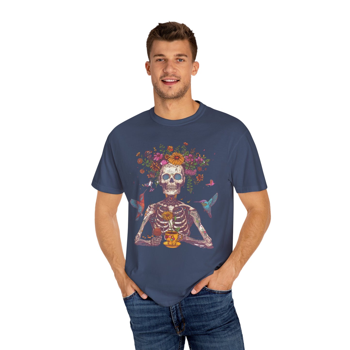 Floral Skeleton T-Shirt, Unisex Day of the Dead Shirt, Bohemian Cozy Tee, Gift for Halloween, Summer Festival Wear