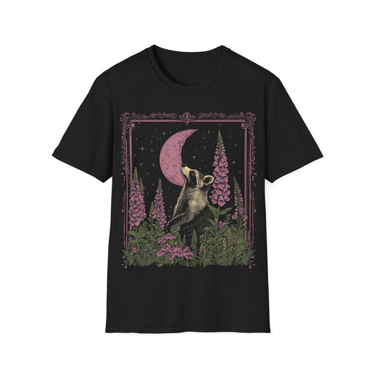 Moonlit Racoon Nature Tee, Unisex Softstyle T-Shirt, Eco-friendly Casual Wear, Perfect Gift for Nature Lovers, Wilderness Vibes Clothing