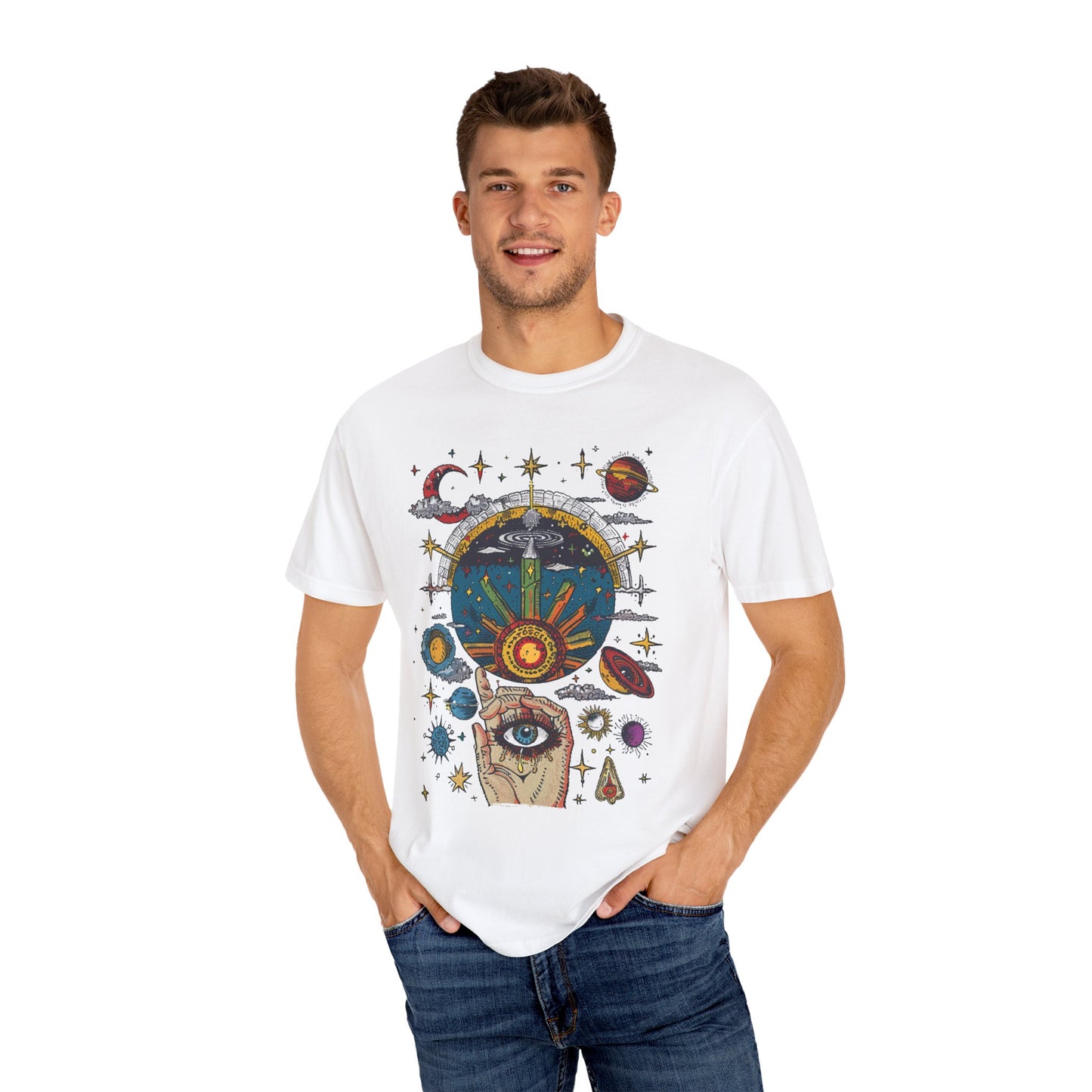 Cosmic Universe Unisex Garment-Dyed T-Shirt | Trendy Space Graphic Tee for Stargazers