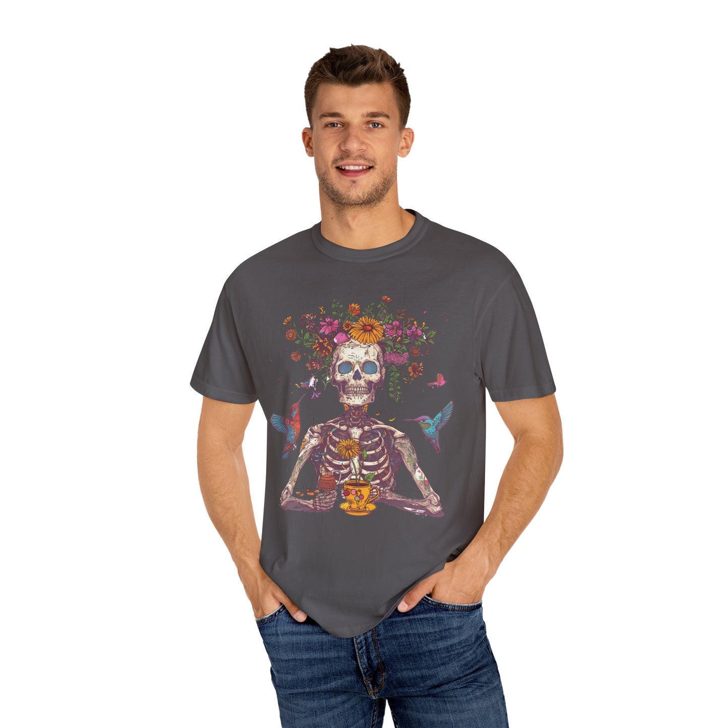 Floral Skeleton T-Shirt, Unisex Day of the Dead Shirt, Bohemian Cozy Tee, Gift for Halloween, Summer Festival Wear